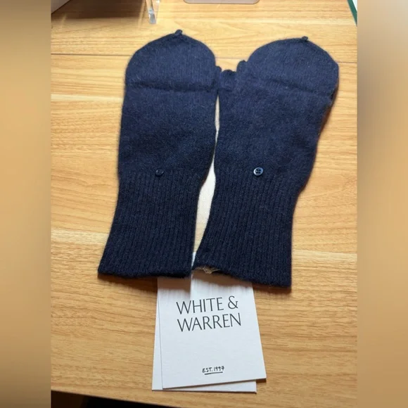 White + Warren Deep Navy 100% Cashmere Beanie Hat & Pop-Top Gloves Set NWT